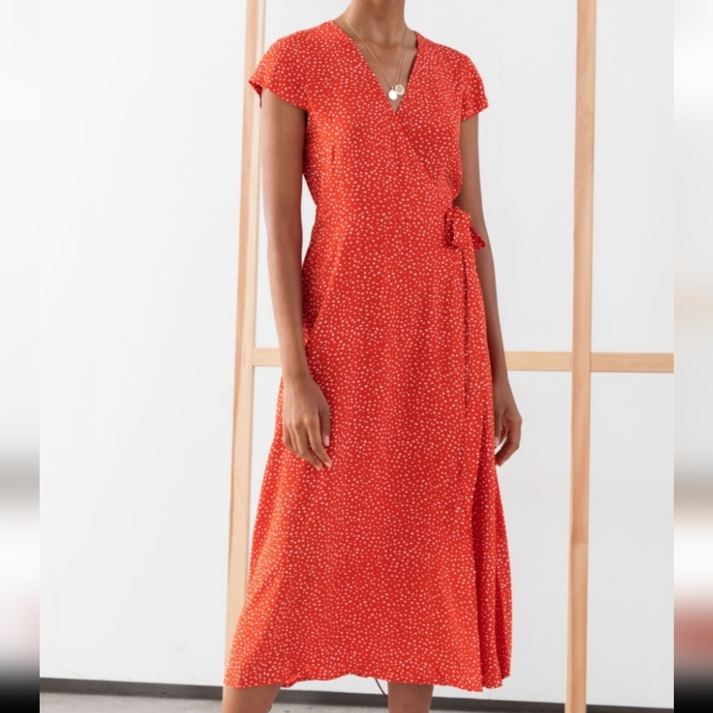 & Other Stories Red Polka Dot Wrap Midi Dress